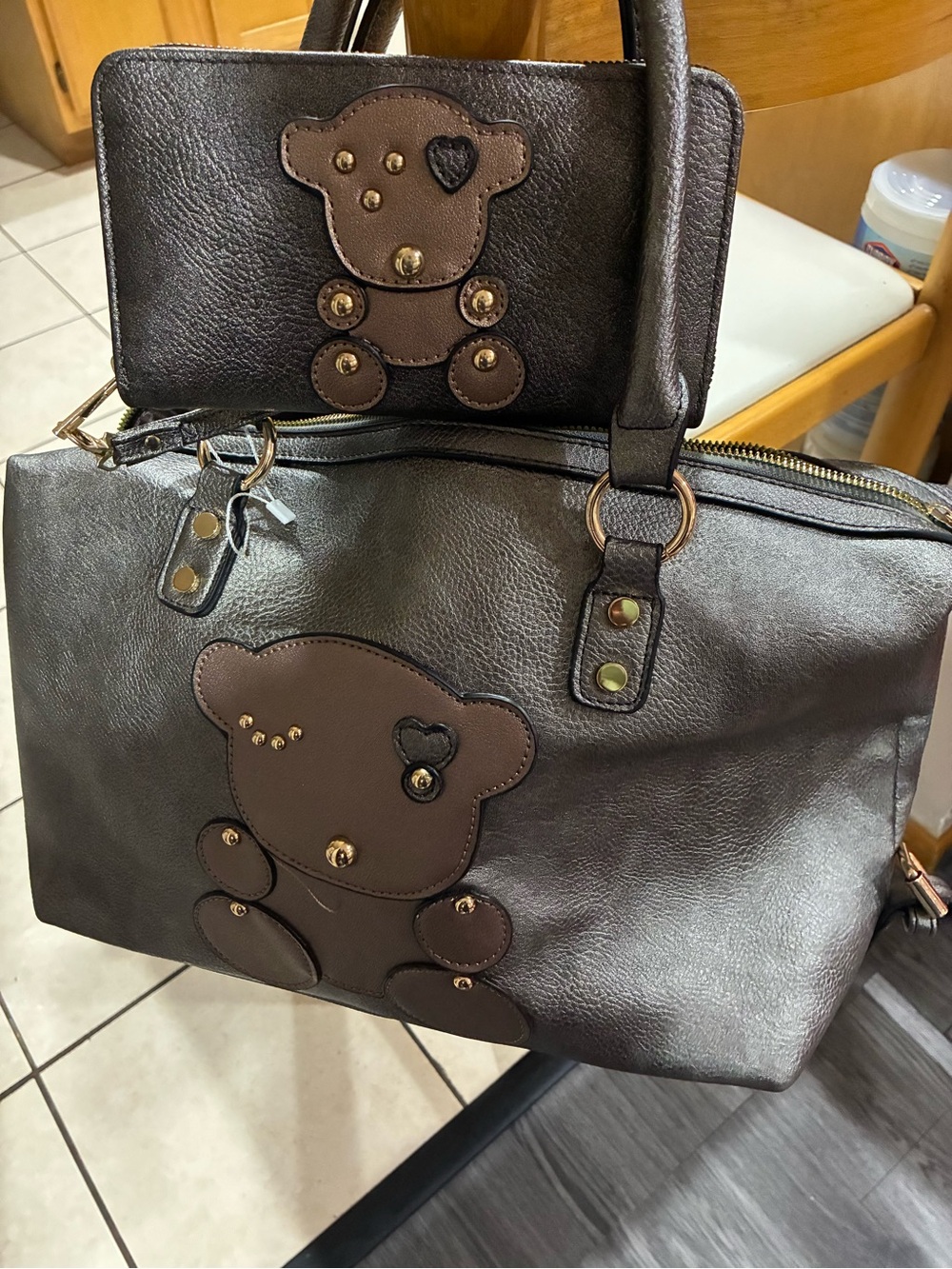 Brown Teddy Appliqué Satchel and Wallet Set - Brown